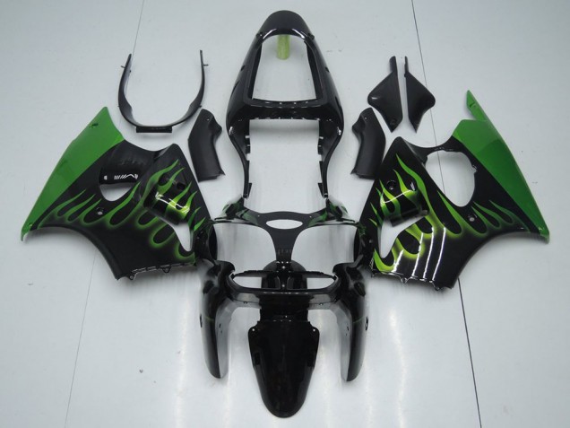 Kawasaki ZX6R 00-02 Motorrad Verkleidungen - Schwarz mit Grün Flamme Kaufen Kawasaki ZX6R 00-02 Motorrad Verkleidungen - Schwarz mit Grün Flamme Kaufen